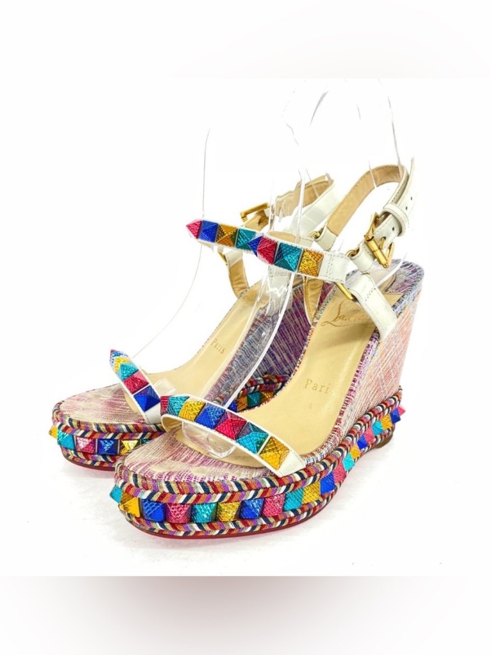 CHRISTIAN LOUBOUTIN Pyraclou Colorful Spike Bead Wedge Red Bottom Heels Sandals - Picture 4 of 9